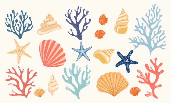 Set of various sea shells, starfishes and corals. Aquarium plants. Cartoon ocean plants.  Underwater reef flora vector illustration icons set