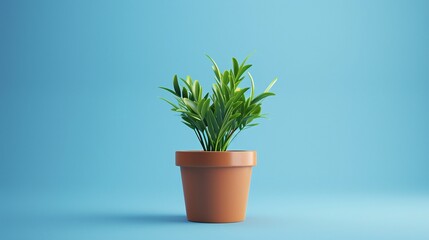 Obraz premium A small green houseplant in a terracotta pot against a blue background, perfect for interior decor inspiration or gardening themes. 3D Illustration.