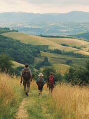 a family hiking together in the mountains in the vacation trip. sweaty walking in the beautiful nature. fields and hills with grass.