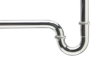 Chromium Stainless steel drainage pipe for bathroom sink in studio lighting. White background...