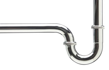 Chromium Stainless steel drainage pipe for bathroom sink in studio lighting. White background isolated