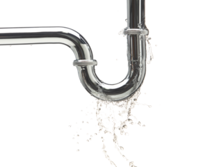 Leaking water from chromium stainless steel pipe under sink. Drain leak water from pipe plumbing in bathroom as water always drop. White background isolated