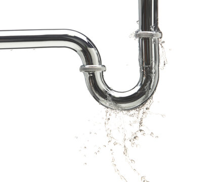 Leaking water from chromium stainless steel pipe under sink. Drain leak water from pipe plumbing in bathroom as water always drop. White background isolated