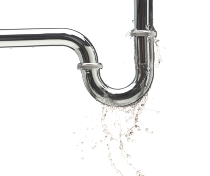 Leaking water from chromium stainless steel pipe under sink. Drain leak water from pipe plumbing in bathroom as water always drop. White background isolated