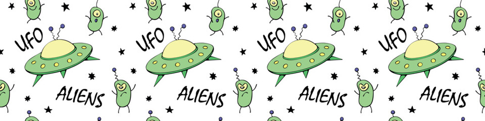 Vector color seamless childish pattern with cute aliens, space doodles, lettering, Flying Saucers, UFO. For kids design, wrapping, wallpaper, textile, apparel