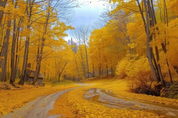 Obraz premium Winding rural road covered in vibrant yellow autumn leaves, surrounded by tall trees in a serene forest setting during a beautiful fall day.