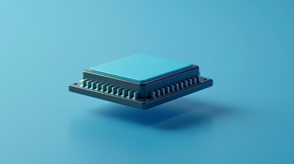 Close-up of a blue microchip on a blue background, representing modern technology and semiconductor industry innovation. 3D Illustration.