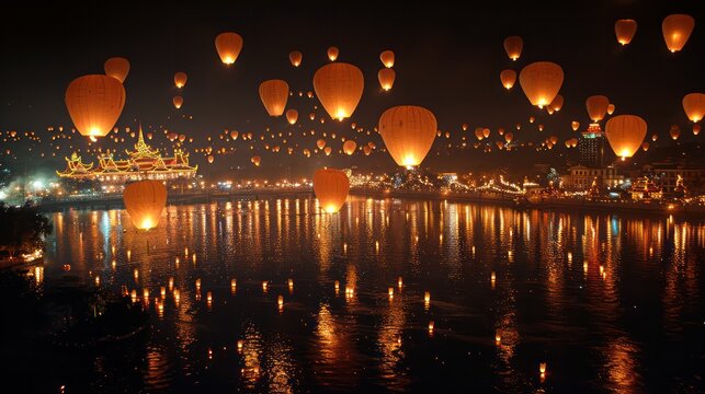 Lanterns lighting up the night sky at Yi Peng Festival, Thailand.