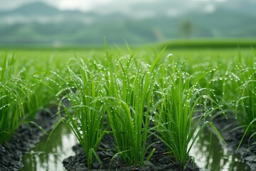 Obraz premium Green paddy field with dew droplets glistening on rice plants