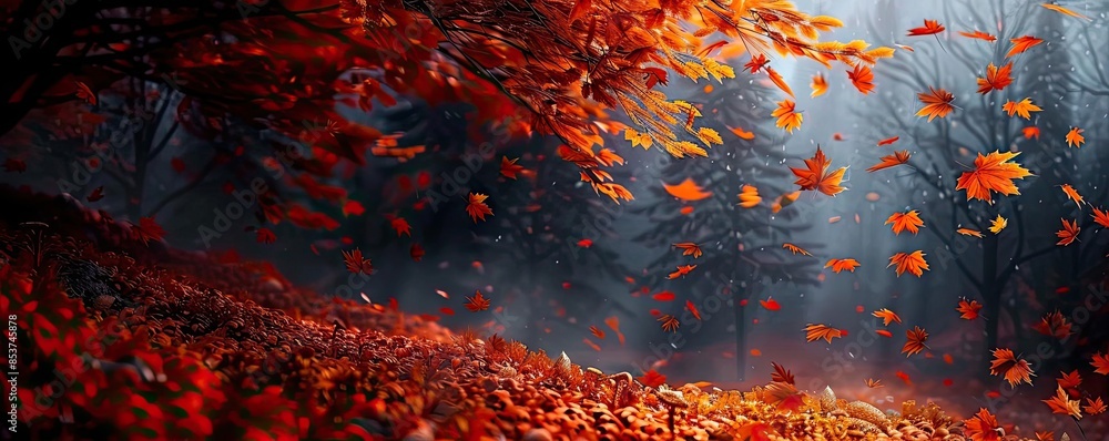 Poster beautiful autumn scene with vibrant red and orange leaves falling from trees, creating a mesmerizing