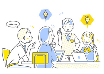 グループワークに取り組む高校生　シンプルでお洒落な線画イラスト　