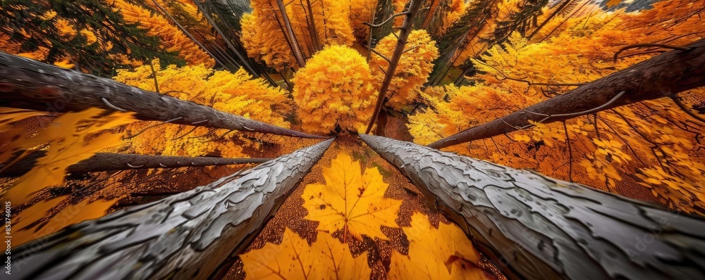 Aufkleber wide-angle view of towering trees with vibrant yellow leaves during autumn, creating a tunnel-like p