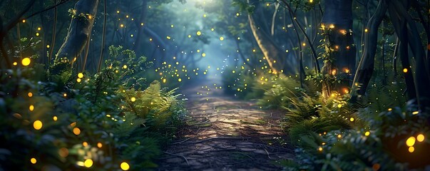 Obraz premium A magical forest path illuminated by fireflies at dusk.