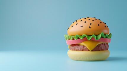 Close-up of a toy hamburger with lettuce, tomato, and cheese on a blue background. Playful and colorful design for kids. 3D Illustration.