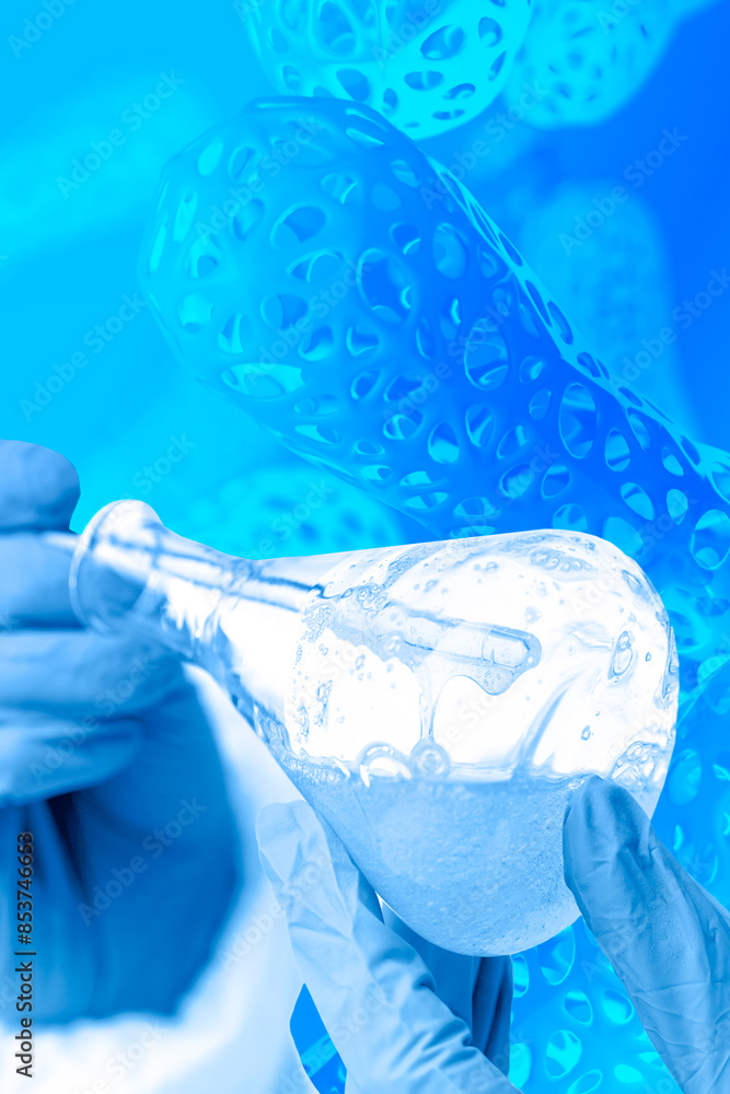 Poster probiotic background. flask is in hands of doctor. probiotic cells. experiments with microbiota. han