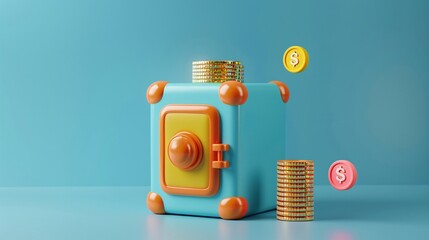 Colorful 3D illustration of a safe box with stacks of gold coins, representing finance, savings, and wealth on a blue background. 3D Illustration.