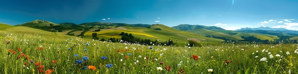 A picturesque countryside with rolling hills, wildflowers, and a clear blue sky.