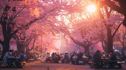 Family picnicking under cherry blossoms during Hanami festival Japan