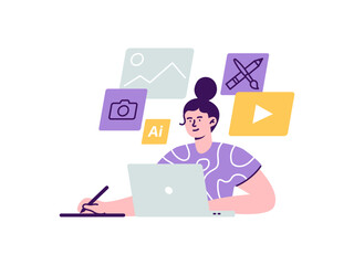 A female content creator or designer works on a laptop. Creation design for marketing goals and promotion using modern programs. Trendy vector flat illustration isolated on a white background.