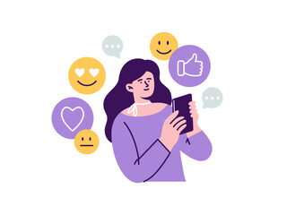 A female influencer or SMM manager receives reactions and likes. Promotion of a product, a service, or a blog in social networks. Trendy vector flat illustration isolated on a white background.