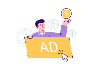 A man promotes advertising. Pay-per-click marketing, digital strategy, internet marketing tools, and promotion. Trendy vector flat illustration isolated on a white background.