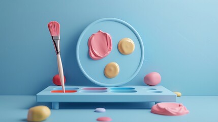Colorful palette and paintbrush with splashes of paint on a blue background, representing artistic creativity and design inspiration. 3D Illustration.