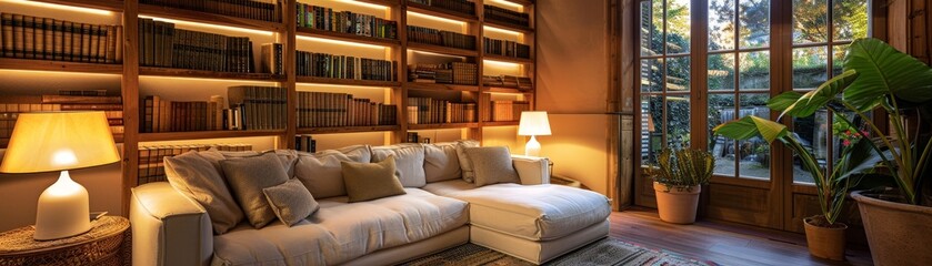 Cozy Modern Living Room with Bookshelves and Comfortable Sofa in Warm Ambient Lighting