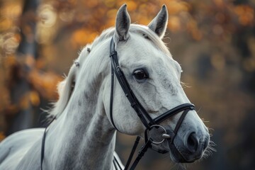 Fototapeta premium White Horse Portrait with Autumn Background