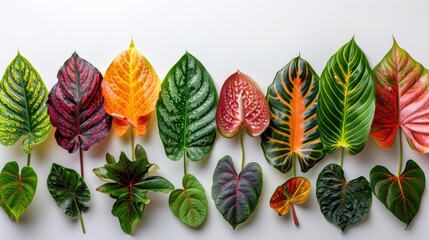 An assortment of tropical leaves, including anthurium and calathea, arranged on a white background.