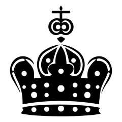 A black and white image of a crown with a cross on top, surrounded by polka dots