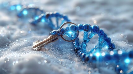 a futuristic blue metallic key on a DNA-shaped keychain, blue light, minimalist style, white backdround,