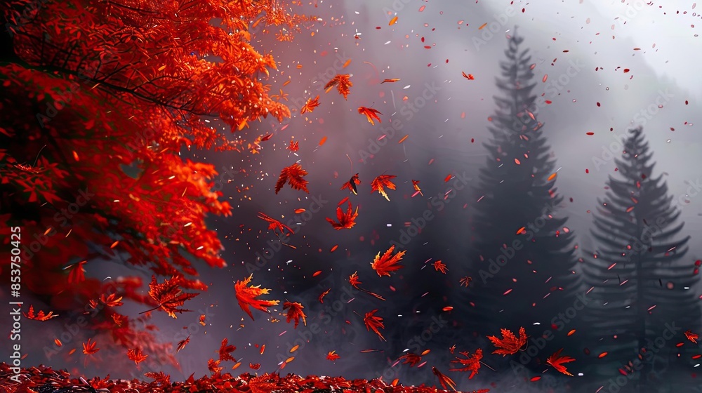 Aufkleber beautiful red autumn leaves falling from a tree in a misty forest, with tall pine trees in the backg