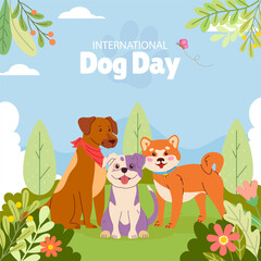 Naklejka premium Happy National Dog Day greeting card vector design. Cute cartoon dogs in the park. Vector flat illustration. Vector banner template with a dogs