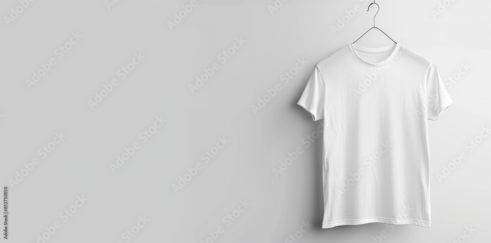 Sticker White tshirt hanging on hanger, mockup for design presentation.