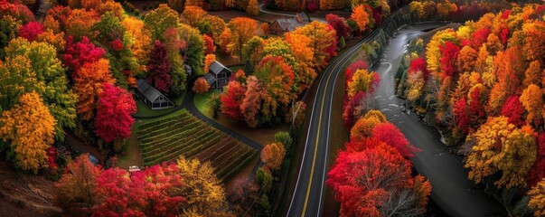 Aerial view of a winding road through a vibrant forest in autumn with colorful foliage and a serene river running alongside.