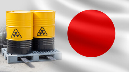 Barrels with nuclear fuel. Japan flag. Nuclear energy fuel. Tanks with nuclear power plant waste....