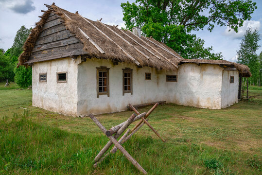 A rural house with a thatched roof. Pskov region, Russia