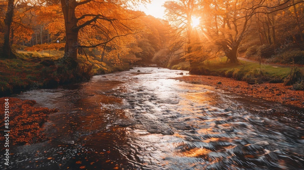 Poster scenic autumn landscape with a tranquil river flowing through a forest with vibrant foliage and sunl