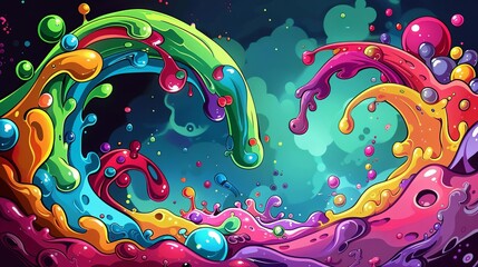 Fototapeta premium Illustrate a captivating scene with liquids cascading in intricate patterns, vibrant lights, and iridescent bubbles interacting with intricate fractal lattices