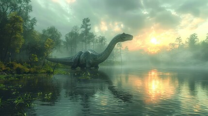 A peaceful Diplodocus is drinking from the river. It has a long neck extending into the water.