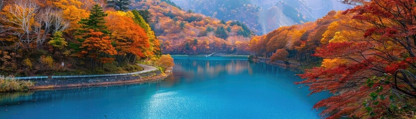 Serene autumn landscape with vibrant foliage reflecting in a tranquil lake surrounded by mountains and a winding road.