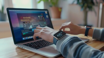 hands interacting with a laptop computer, Streamlined digital workflow with smartwatch and laptop.