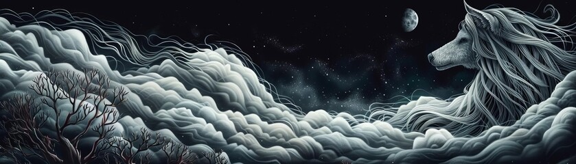 Illustrate a traditional painting of a side perspective of a regal Daemonium entity, highlighting its flowing mane, intimidating stature, and mystical aura