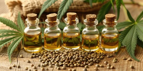 Cannabis Oil in Small Bottles with Seeds and Leaves