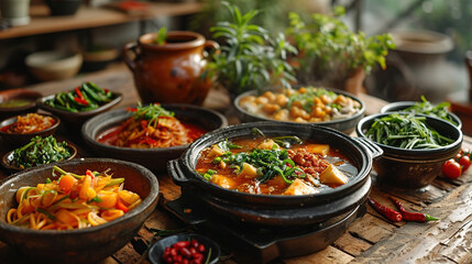 Fototapeta premium Delicious Array of Classic Dishes Chinese New Year Decoration On Blurry Background