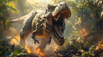 A majestic T. rex roars in a lush prehistoric forest. It shows its enormous size and power.