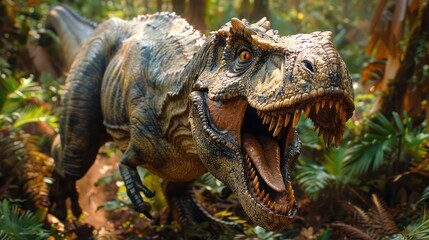 Fototapeta premium A majestic T. rex roars in a lush prehistoric forest. It shows its enormous size and power.