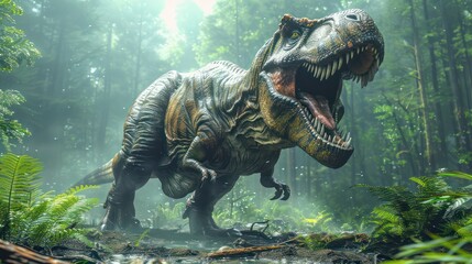 A majestic T. rex roars in a lush prehistoric forest. It shows its enormous size and power.