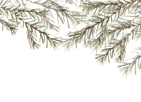 Snow on fir branches with needles banner. Spruce, pine trees. Evergreen snowy branch on watercolor grey splashes background. Botanical hand drawn illustration Christmas card template. Isolated clipart
