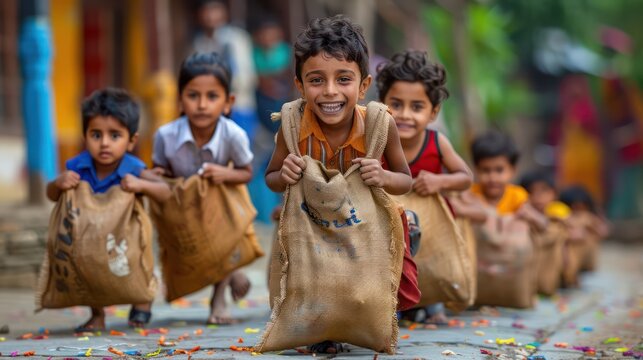 A group of kids participating in a sack race, capturing the fun and energy of Children's Day games.